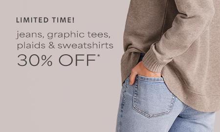 30% off Jeans, Graphic Tees, Plaids and Sweatshirts