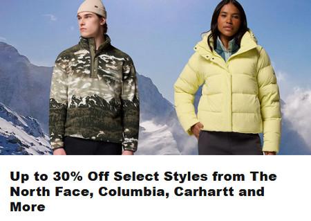 Up to 30% Off Select Styles from The North Face, Columbia, Carhartt and More