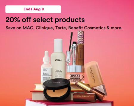20% off Select Products from MAC, Clinique, Tarte, Benefit Cosmetics and More