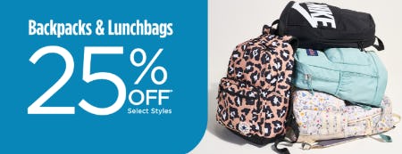25% Off Select Backpacks & Lunchbags Styles
