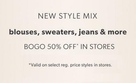 BOGO 50% off Blouses, Sweaters, Jeans and More
