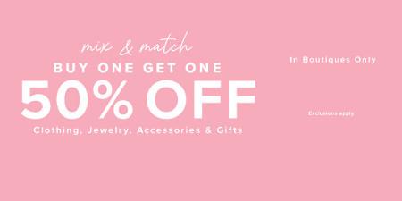 Buy One, Get One 50% off Clothing, Jewelry, Accessories and Gifts