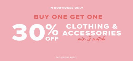Buy One, Get One 30% off Clothing and Accessories