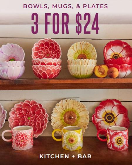 Bowls, Mugs, & Plates 3 For $24