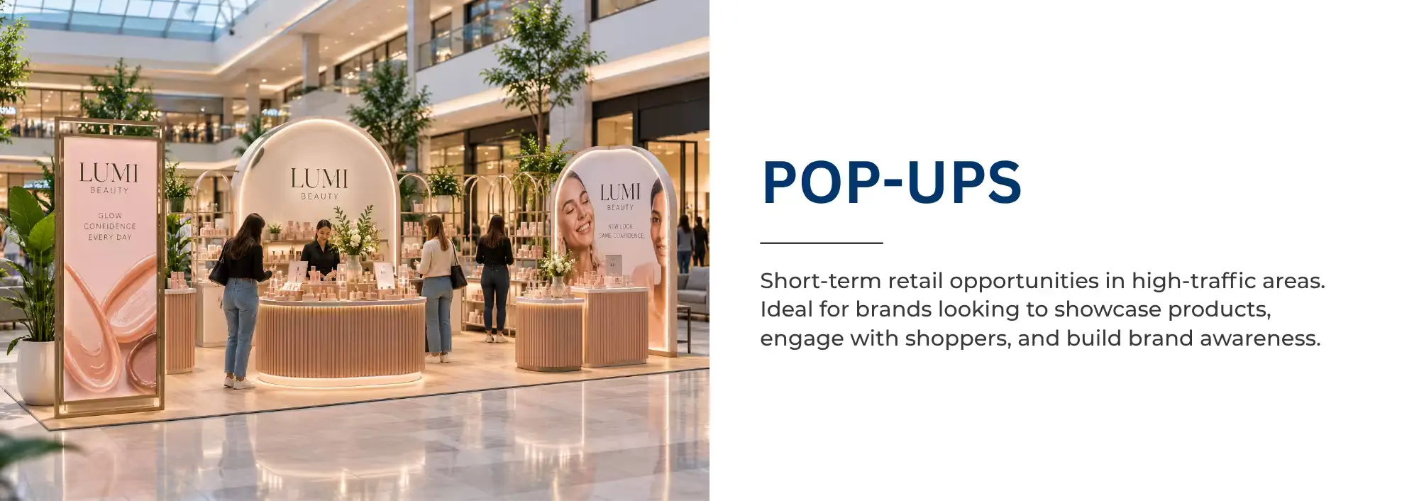 POP-UPS   Short-term retail opportunities in high-traffic areas. Ideal for brands looking to showcase products, engage with shoppers, and build brand awareness. 