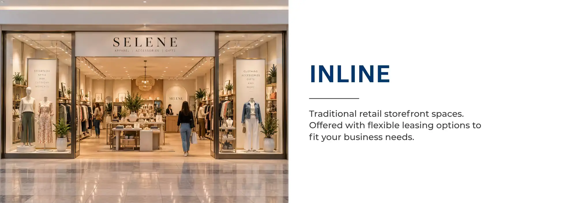 INLINE   Traditional retail storefront spaces. Offered with flexible leasing options to fit your business needs. 