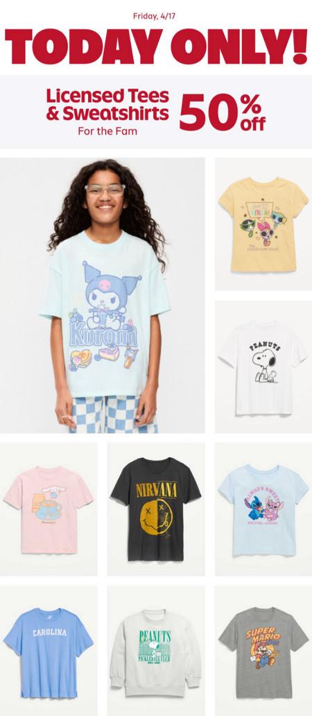 50% off Licensed Tees and Sweatshirts for the Family