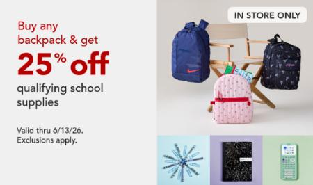 Buy Any Backpack & Get 25% Off Qualifying School Supplies