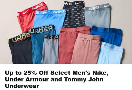 Up to 25% Off Select Men's Nixke, Under Armour and Tommy John Underwear
