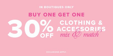 Buy One, Get One 30% off Clothing and Accessories