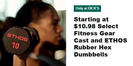 Starting at $10.98 Select Fitness Gear Cast and ETHOS Rubber Hex Dumbbells