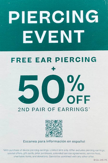 Free Ear Piercing +50% Off Second Pair of Earrings