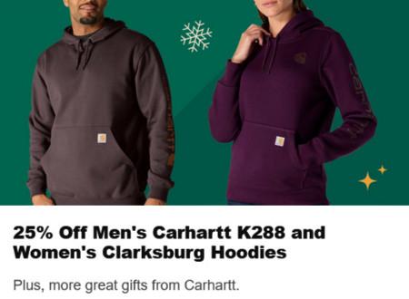 25% Off Men's Carhartt K288 and Women's Clarksburg Hoodies