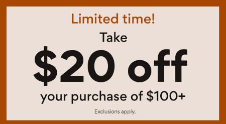 Take $20 off Your Purchase of $100 or More