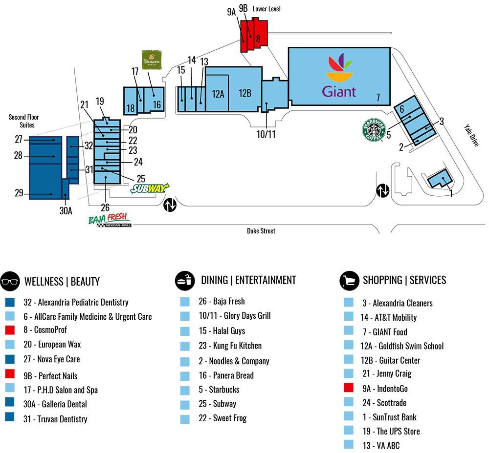 this is a map of the center and a list of the stores