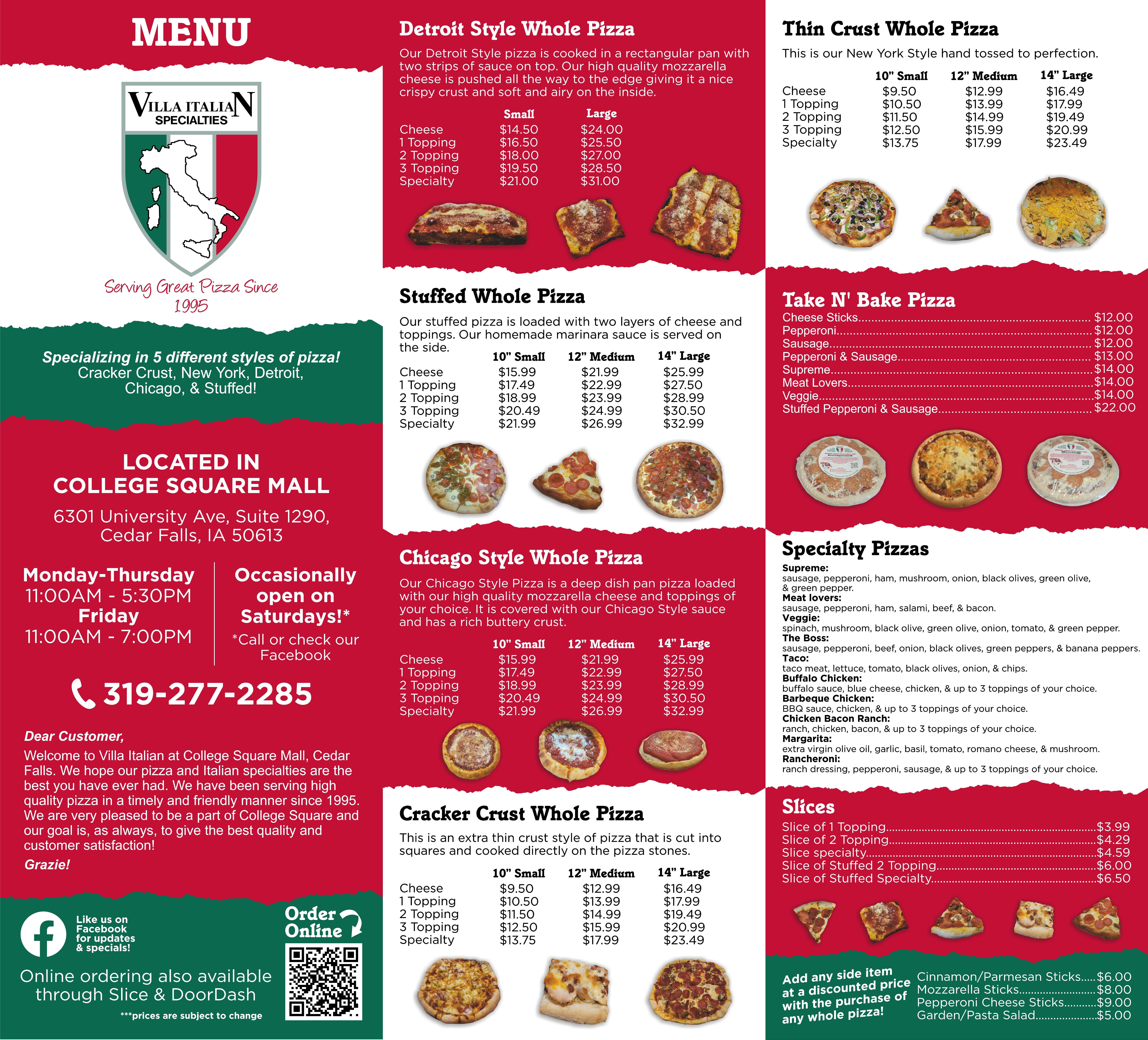 Villa Italian Menu Part 1